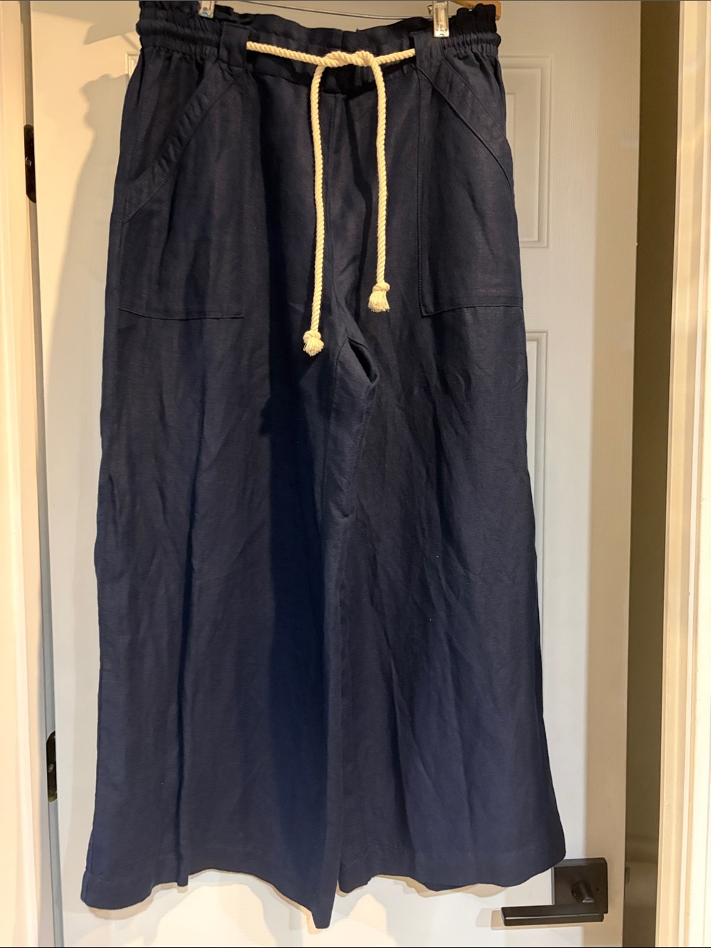 LOFT Navy Cropped Wide-Leg Pants with Rope Drawstring
